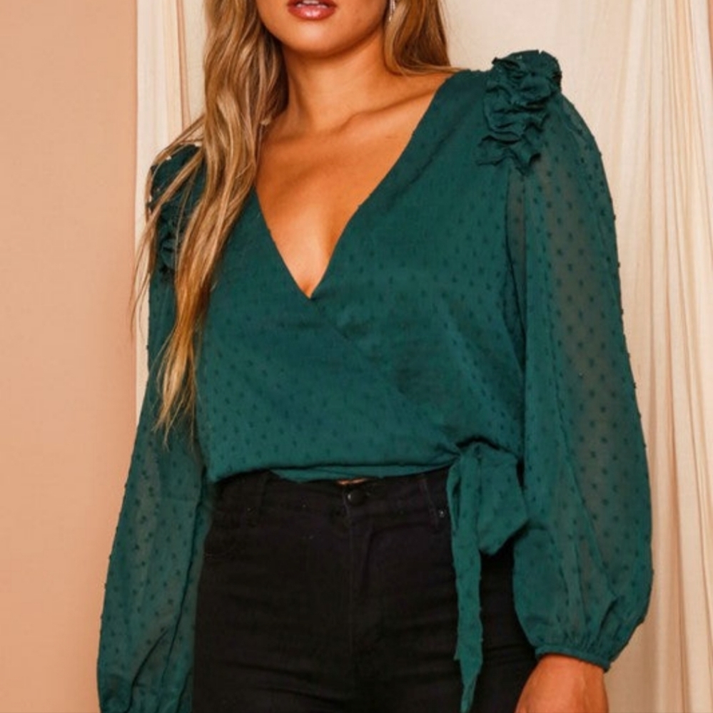 Solid Long Sleeve Ruffle Detail  Green Top